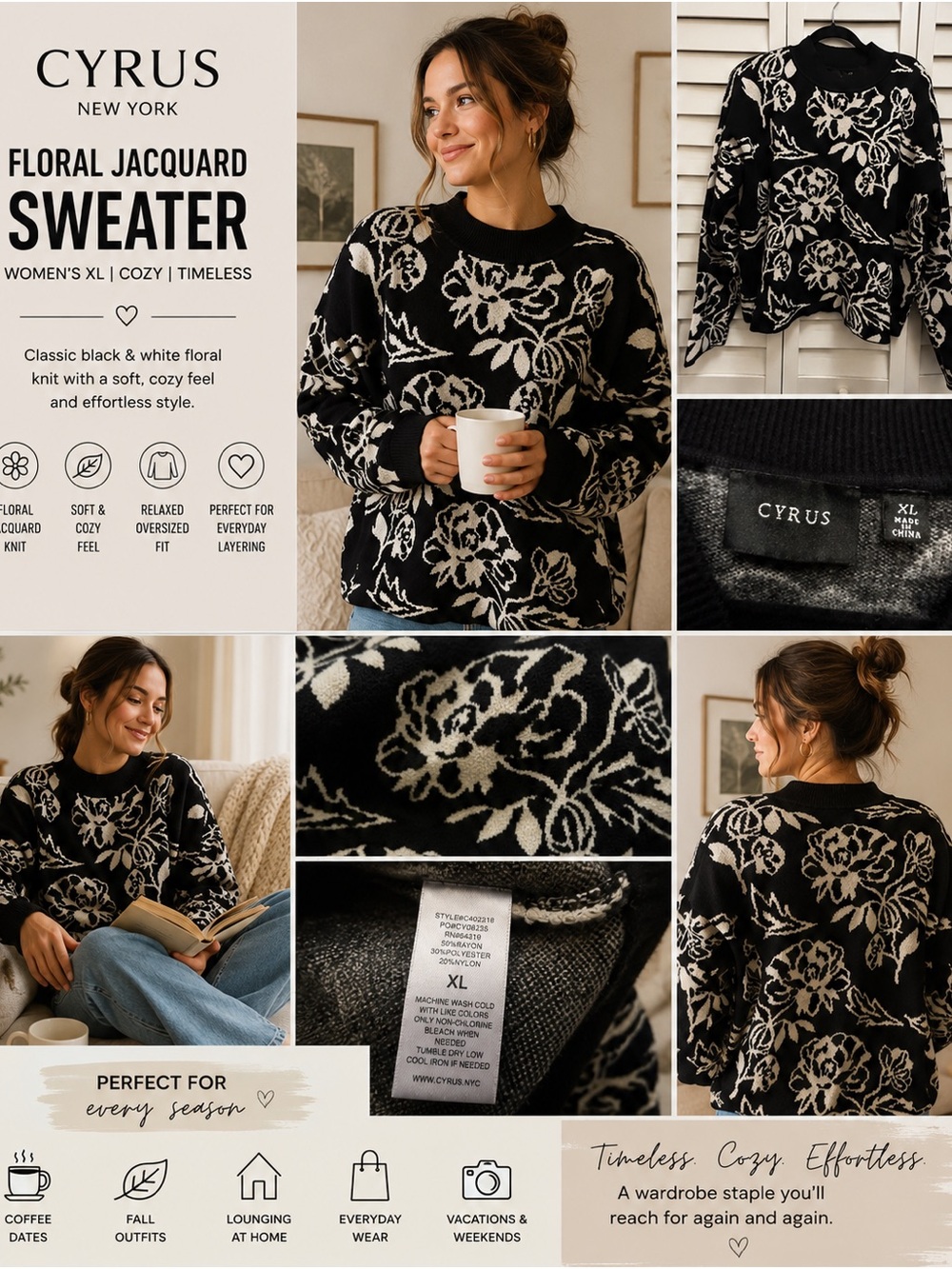 CYRUS New York Sweater Women XL Black White Floral Jacquard Cottagecore Grandma